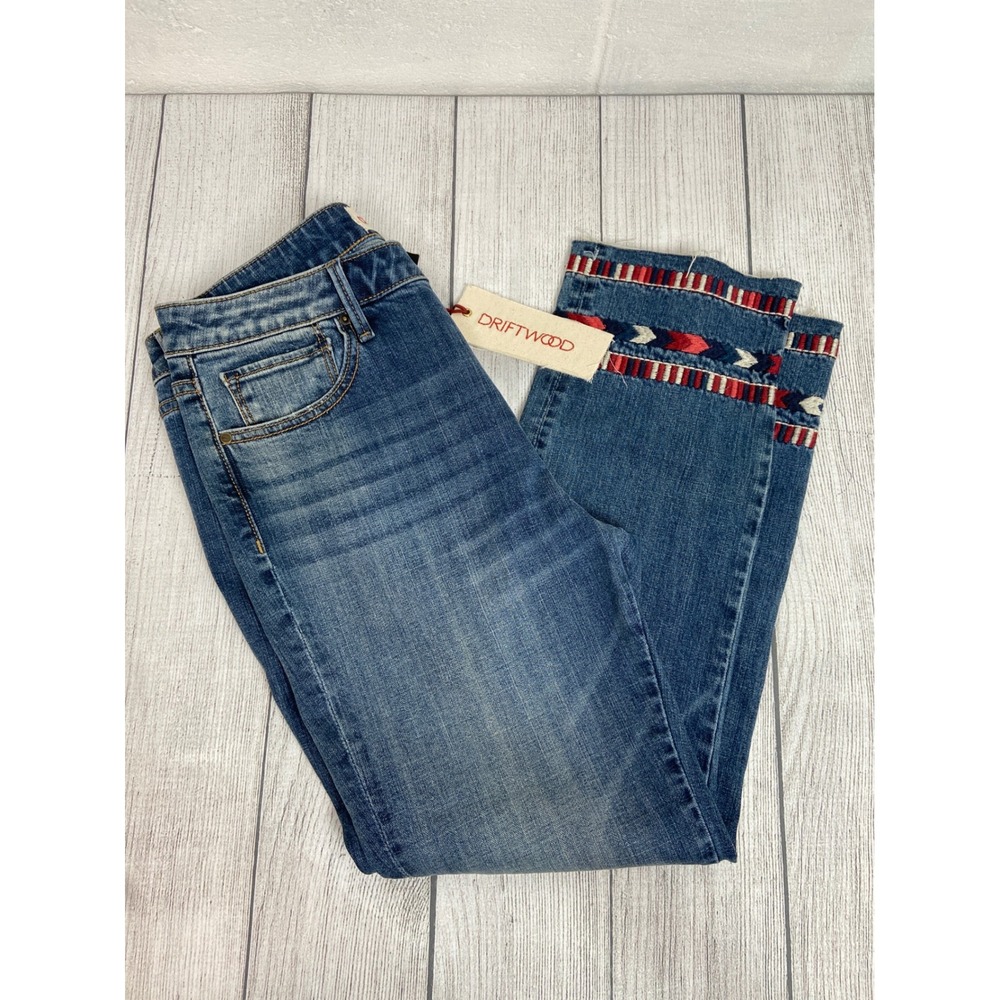 Driftwood Colette Embroidered‎ Cuff Jeans Cropped Denim Pants Boho Chic W30 L26